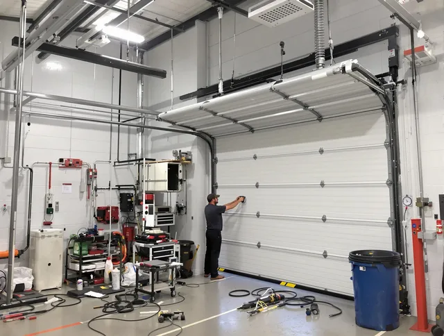 Mount Holly Garage Door Repair certified technician performing commercial door repair at a Mount Holly business facility