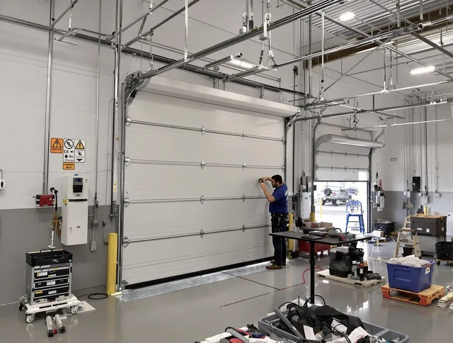 Commercial garage door repair being performed by Mount Holly Garage Door Repair expert in Mount Holly