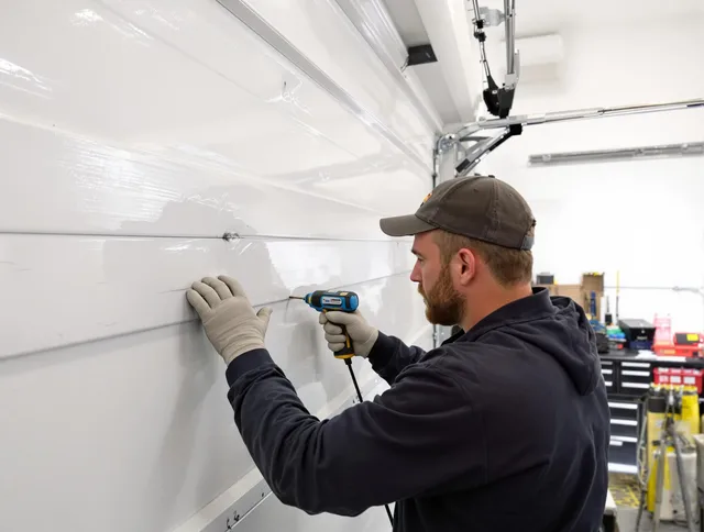 Mount Holly Garage Door Repair technician demonstrating precision dent removal techniques on a Mount Holly garage door