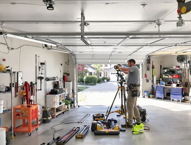 Mount Holly Garage Door Repair specialist performing laser-guided track alignment in Mount Holly